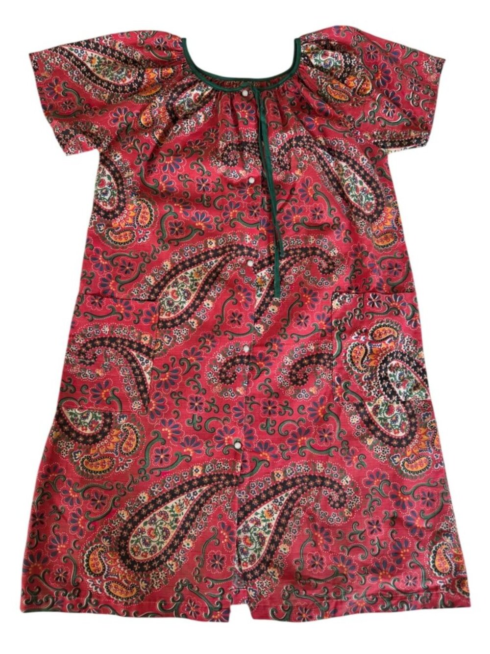 Vtg Lounger House Dress Red Paisley Nightgown Front Pearl Snaps Size Large